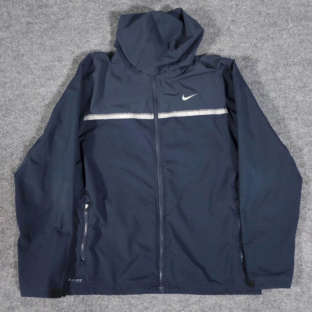 Nike Dri-FIT‎ Mens Sz L Blue Hooded Full Zip Windbreaker Gray Reflective Stripe